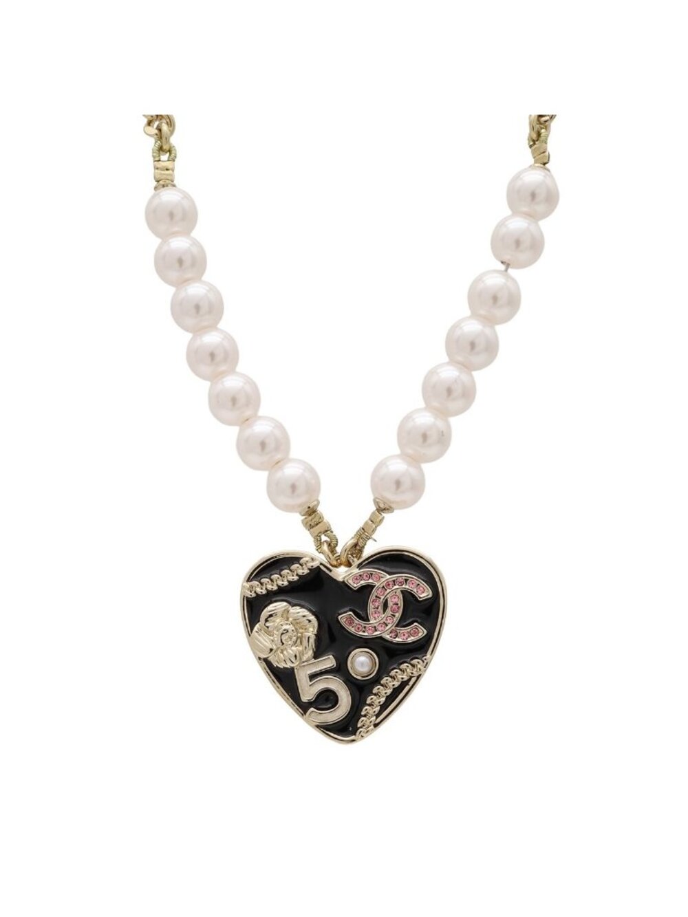 Chanel Heart Number 5 CC Logo Camellia Flower Chain Pendant Faux Pearl